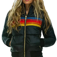 Women's Quilted Puffer Jacket with Colourblock Stripe Pattern and Zip Front Closure