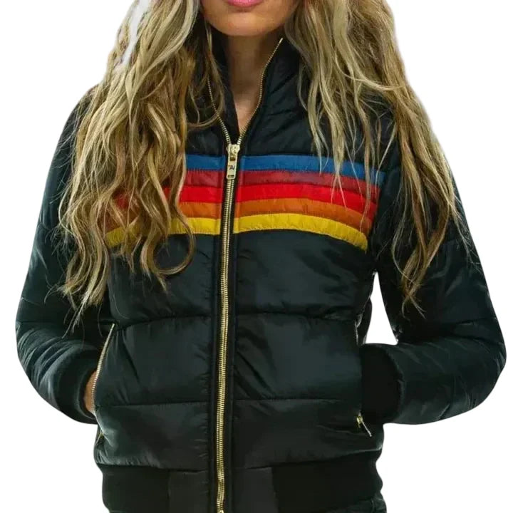 Women's Quilted Puffer Jacket with Colourblock Stripe Pattern and Zip Front Closure