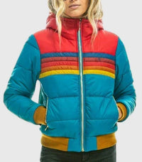 Women's Quilted Puffer Jacket with Colourblock Stripe Pattern and Zip Front Closure