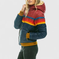 Women's Quilted Puffer Jacket with Colourblock Stripe Pattern and Zip Front Closure