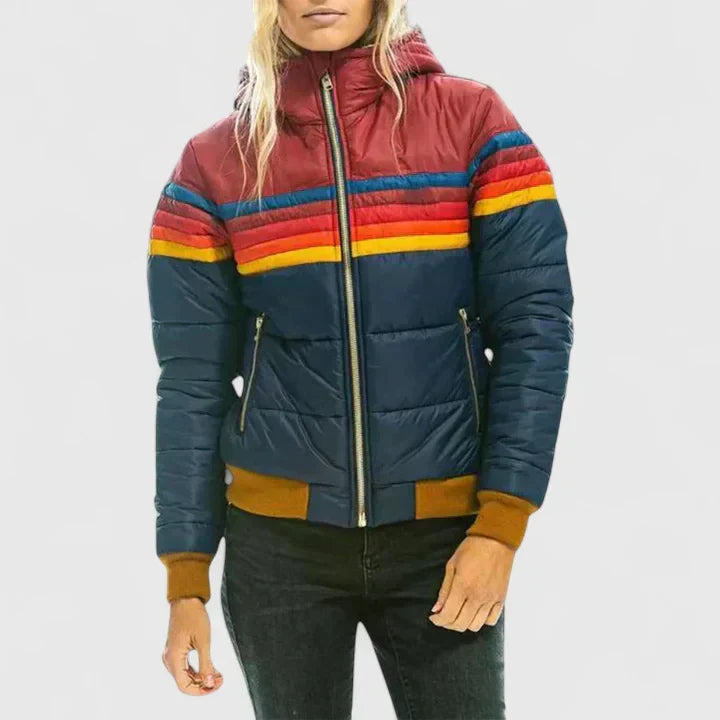 Women's Quilted Puffer Jacket with Colourblock Stripe Pattern and Zip Front Closure