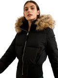 Women's Quilted Puffer Jacket with Faux Fur Hood and Zip-Front Closure