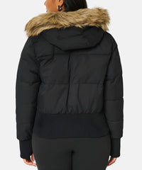 Women's Quilted Puffer Jacket with Faux Fur Hood and Zip-Front Closure