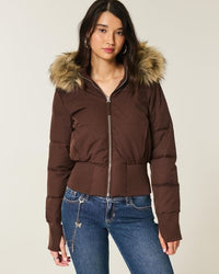 Women's Quilted Puffer Jacket with Faux Fur Hood and Zip-Front Closure