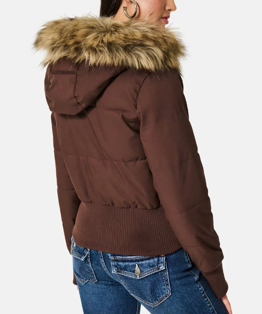 Women's Quilted Puffer Jacket with Faux Fur Hood and Zip-Front Closure
