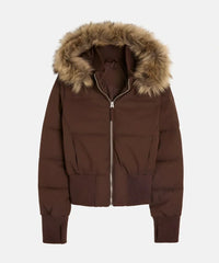 Women's Quilted Puffer Jacket with Faux Fur Hood and Zip-Front Closure