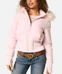 Women's Quilted Puffer Jacket with Faux Fur Hood and Zip-Front Closure