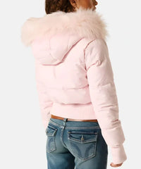 Women's Quilted Puffer Jacket with Faux Fur Hood and Zip-Front Closure