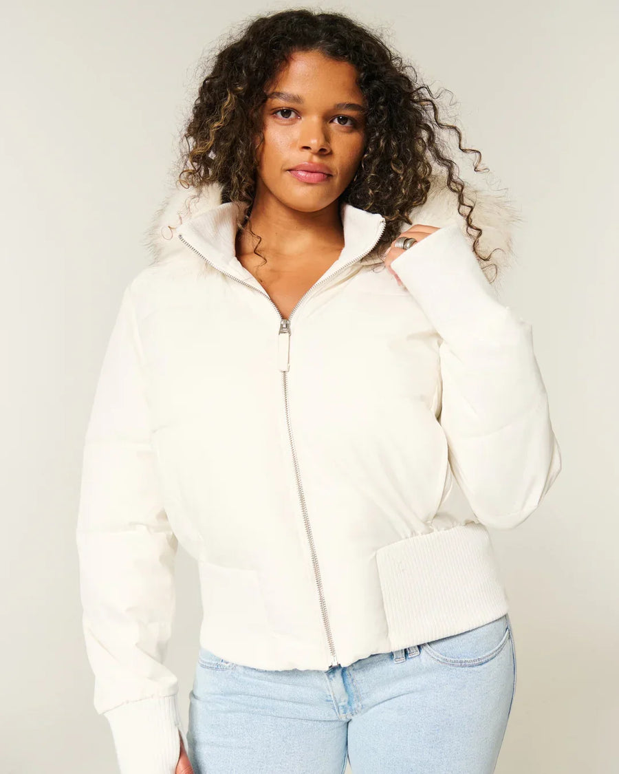 Women's Quilted Puffer Jacket with Faux Fur Hood and Zip-Front Closure