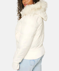 Women's Quilted Puffer Jacket with Faux Fur Hood and Zip-Front Closure