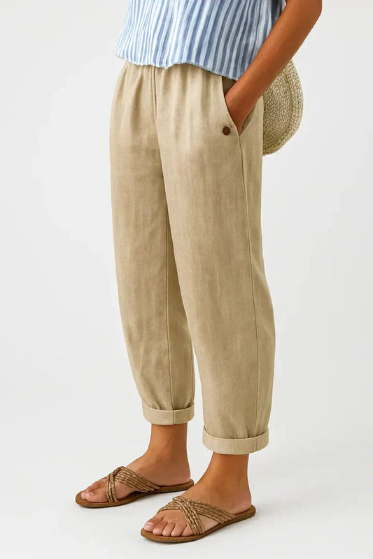 Isla | Women's Relaxed-Fit Elastic-Waist Cropped Linen Trousers