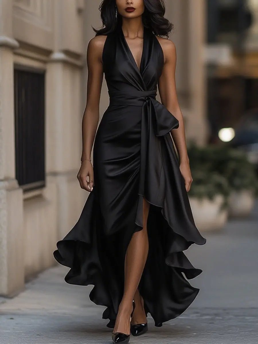 Rosie | Women's Satin Halter Cocktail Party Dress High-Low Ruffle Wrap