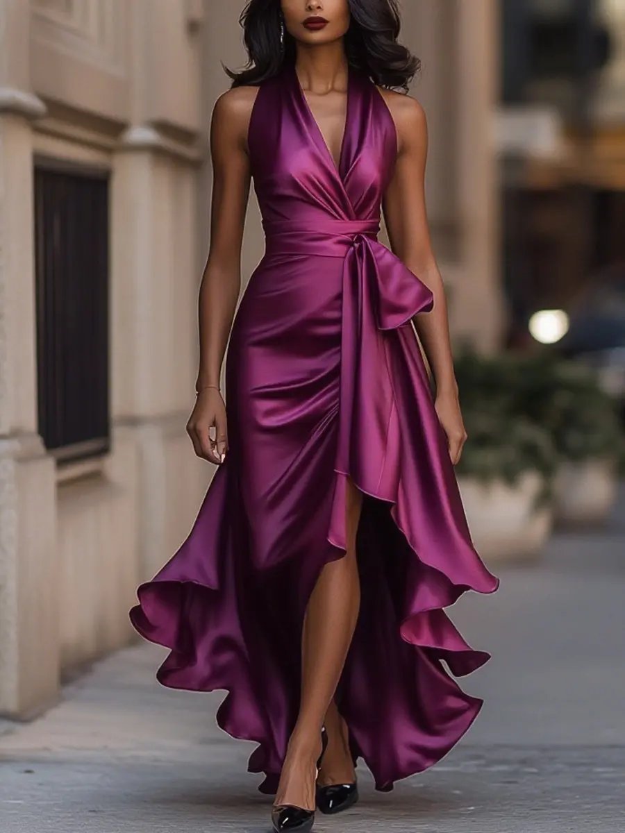 Rosie | Women's Satin Halter Cocktail Party Dress High-Low Ruffle Wrap
