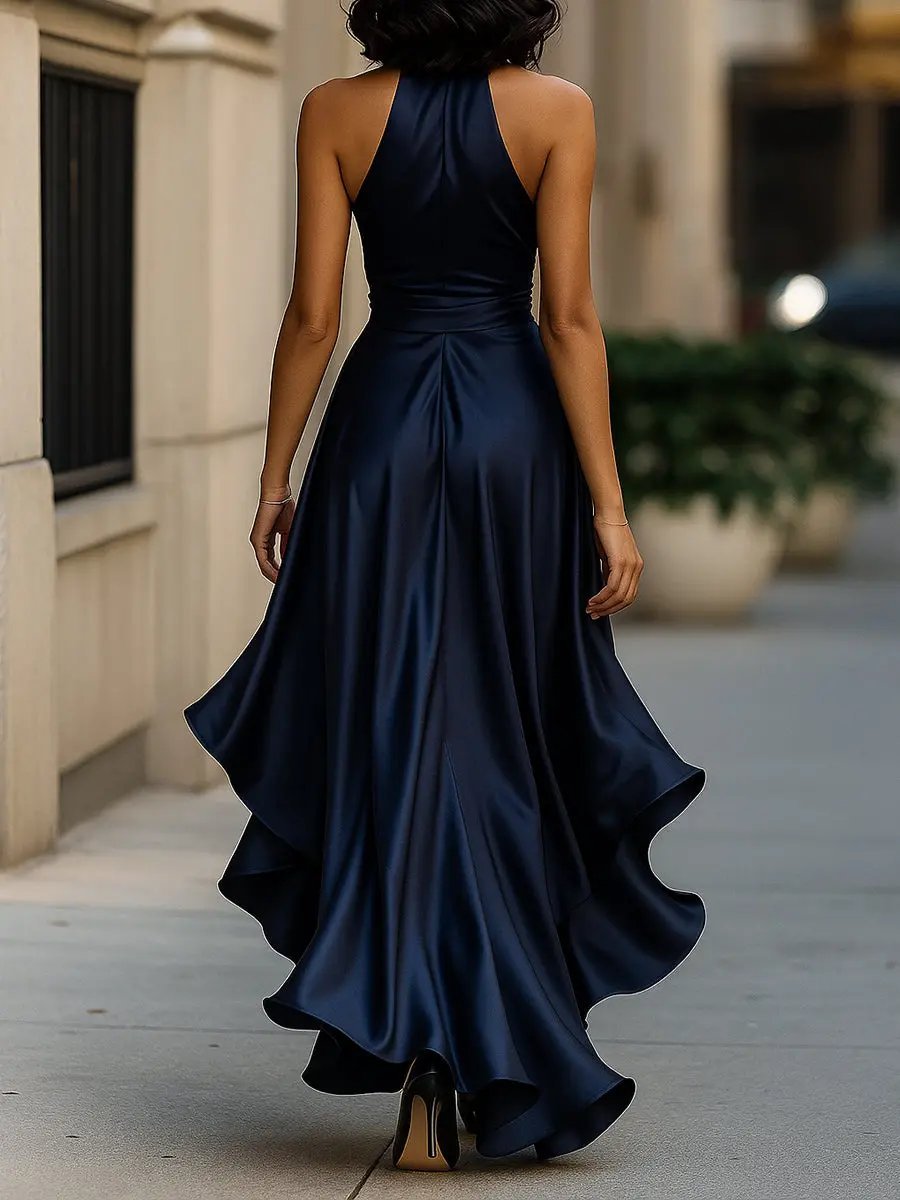 Rosie | Women's Satin Halter Cocktail Party Dress High-Low Ruffle Wrap