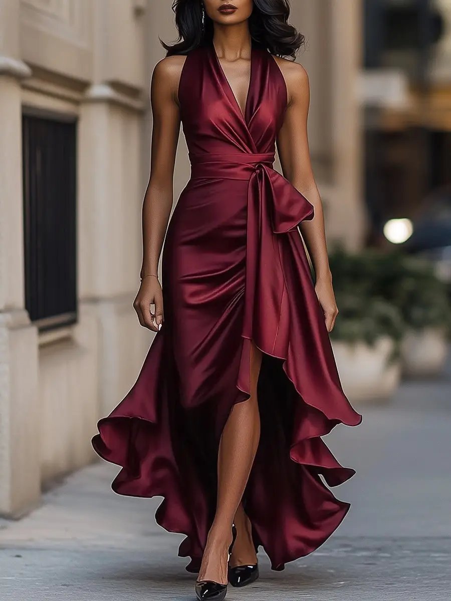 Rosie | Women's Satin Halter Cocktail Party Dress High-Low Ruffle Wrap