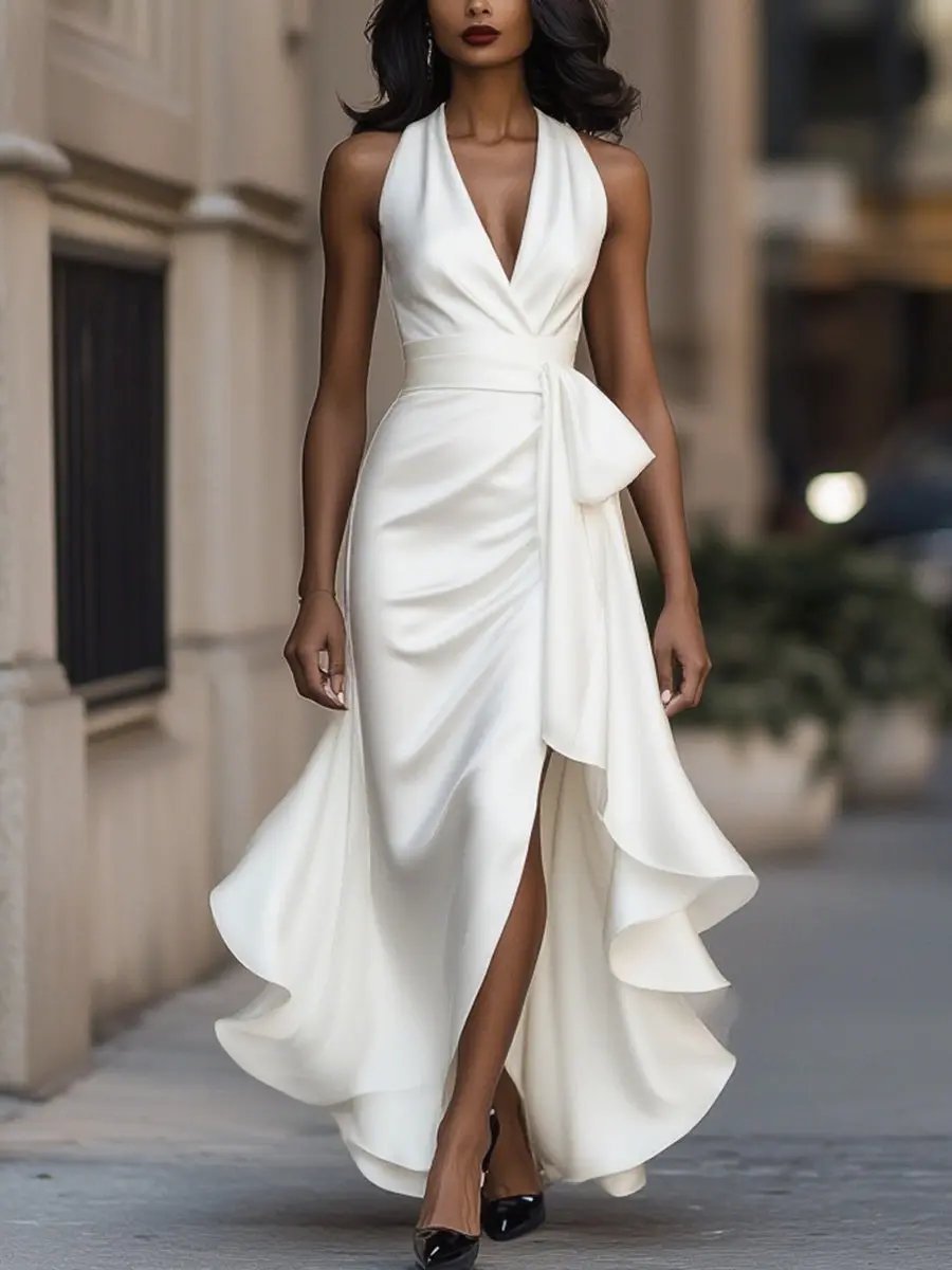 Rosie | Women's Satin Halter Cocktail Party Dress High-Low Ruffle Wrap