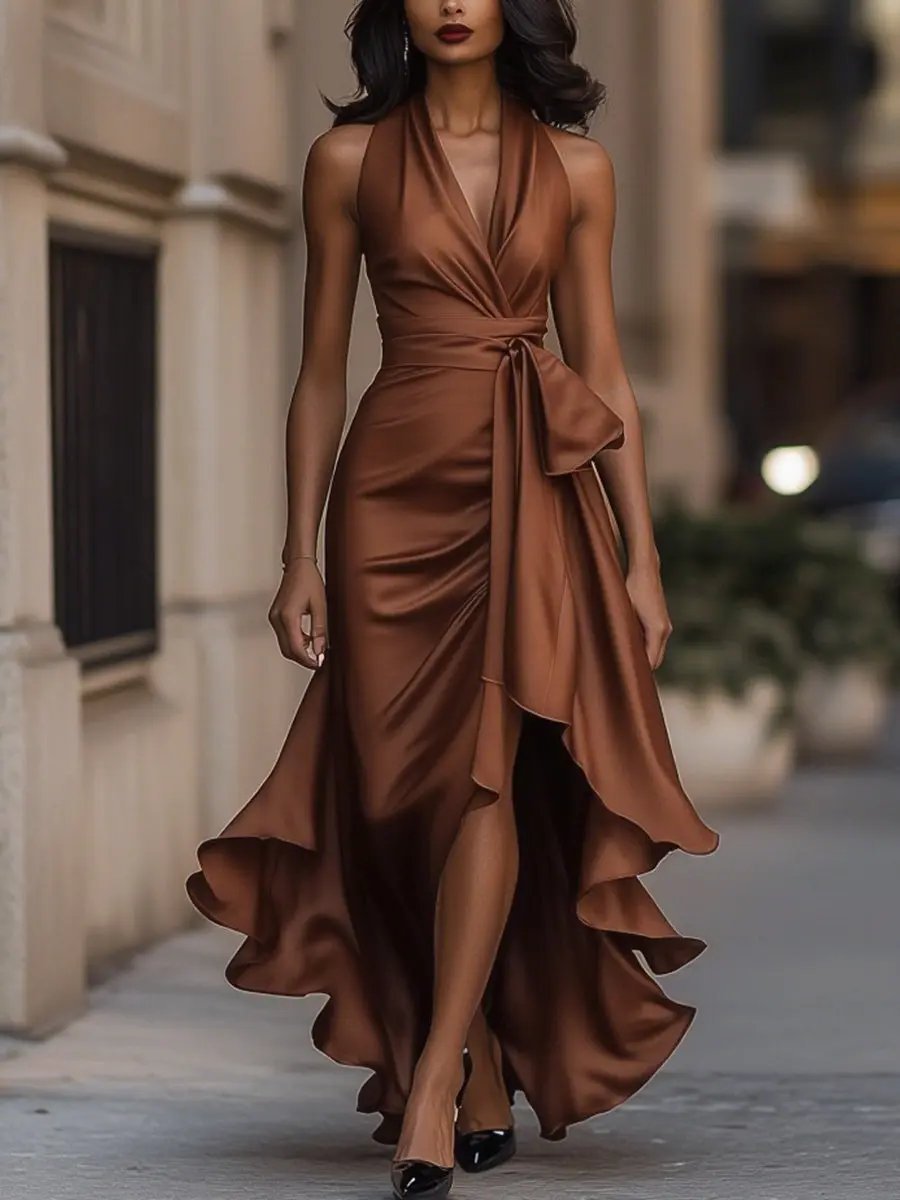 Rosie | Women's Satin Halter Cocktail Party Dress High-Low Ruffle Wrap