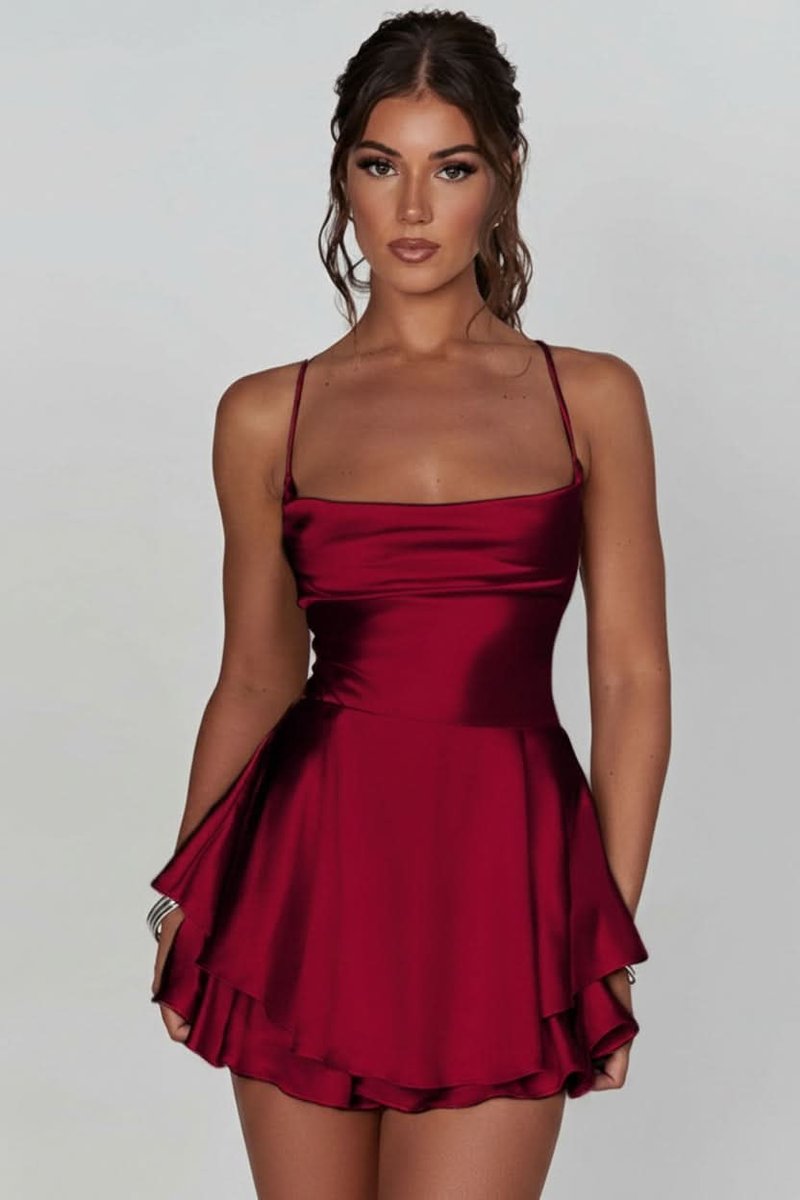 Madison | Women's Satin Square-Neck Ruffle Skirt Mini Cocktail Dress