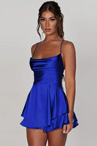 Madison | Women's Satin Square-Neck Ruffle Skirt Mini Cocktail Dress