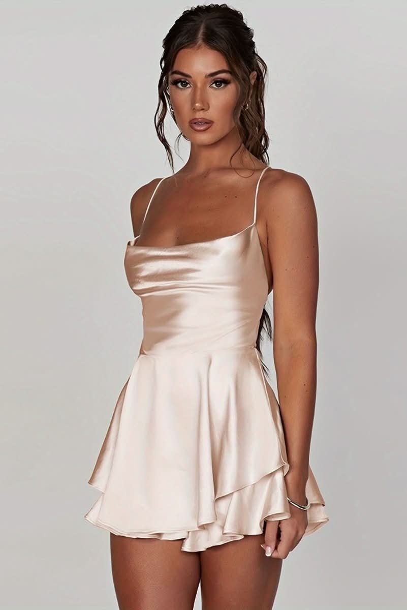 Madison | Women's Satin Square-Neck Ruffle Skirt Mini Cocktail Dress