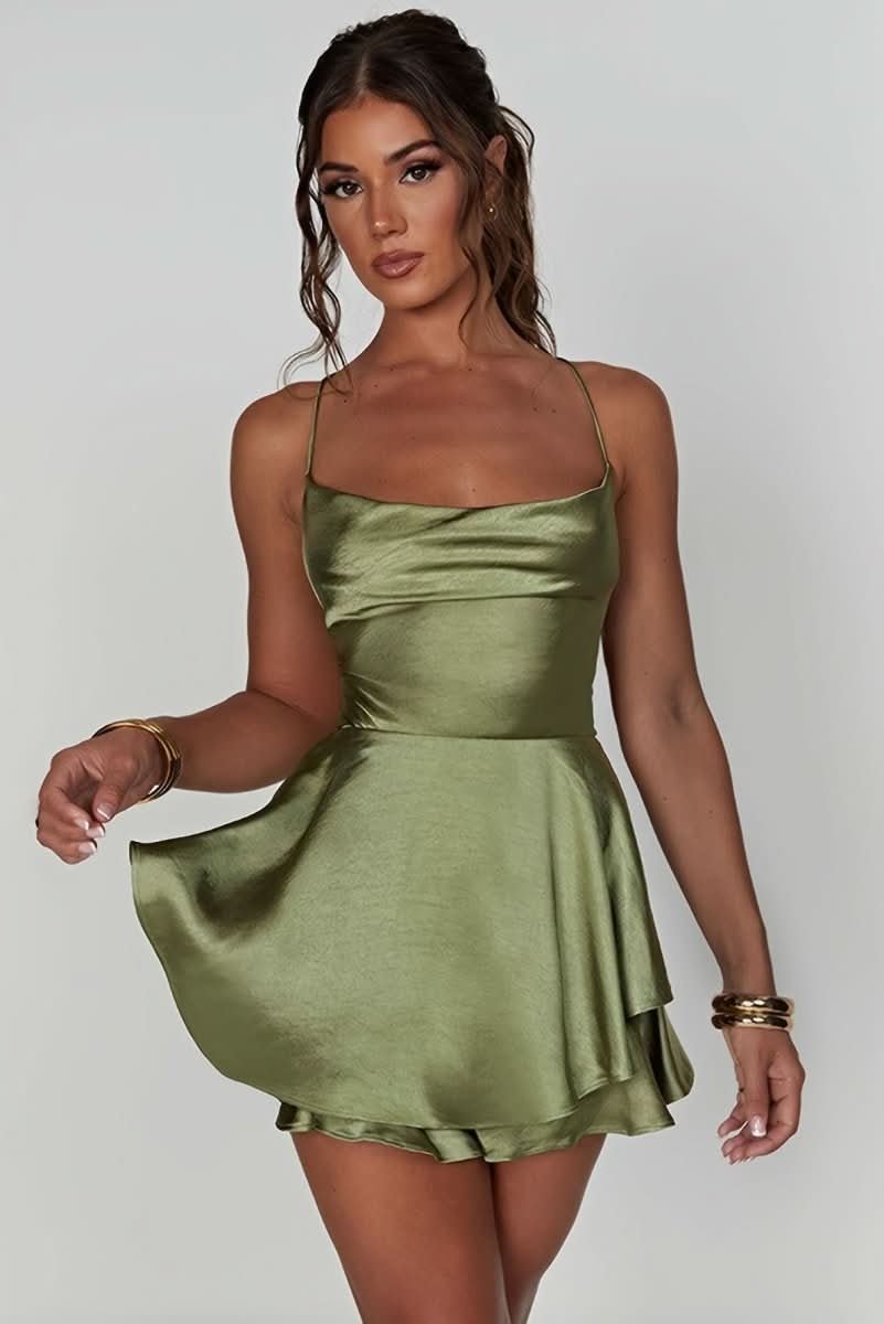 Madison | Women's Satin Square-Neck Ruffle Skirt Mini Cocktail Dress
