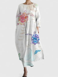 Evelyn | Women's Sea Turtle Print Relaxed-Fit 3/4 Sleeve Midi Dress
