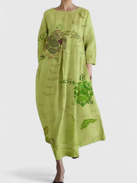 Evelyn | Women's Sea Turtle Print Relaxed-Fit 3/4 Sleeve Midi Dress