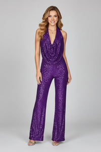 Sophie | Women's Sequin Halter-Neck Cowl Wide Leg Pants Jumpsuit