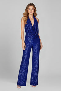 Sophie | Women's Sequin Halter-Neck Cowl Wide Leg Pants Jumpsuit