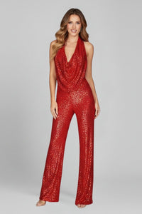 Sophie | Women's Sequin Halter-Neck Cowl Wide Leg Pants Jumpsuit