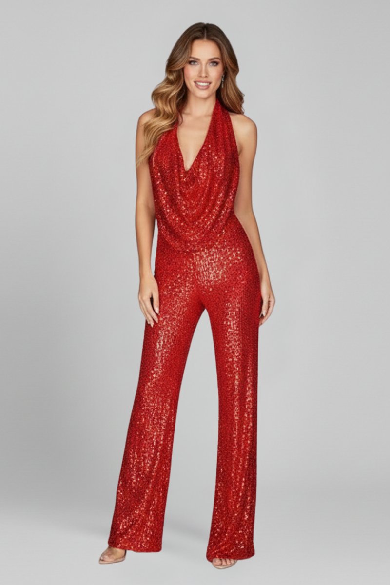 Sophie | Women's Sequin Halter-Neck Cowl Wide Leg Pants Jumpsuit