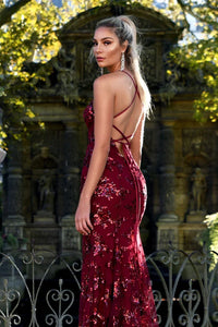 Women's Sequin Mermaid Maxi Dress - Deep V-Neck with Open Back Lace-Up and Fishtail Hem