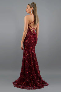 Women's Sequin Mermaid Maxi Dress - Deep V-Neck with Open Back Lace-Up and Fishtail Hem