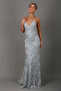 Women's Sequin Mermaid Maxi Dress - Deep V-Neck with Open Back Lace-Up and Fishtail Hem
