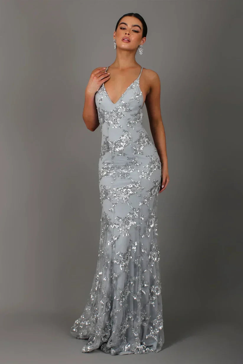 Women's Sequin Mermaid Maxi Dress - Deep V-Neck with Open Back Lace-Up and Fishtail Hem