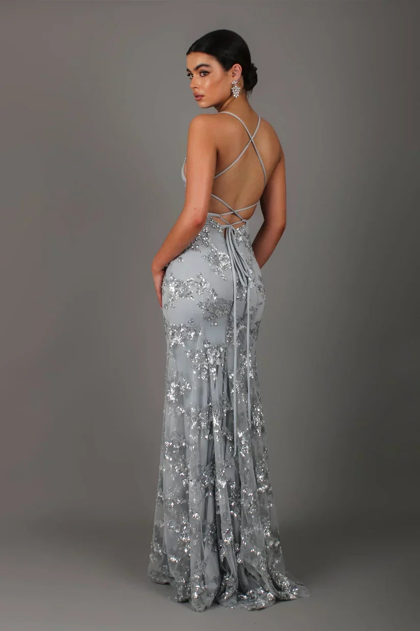 Women's Sequin Mermaid Maxi Dress - Deep V-Neck with Open Back Lace-Up and Fishtail Hem