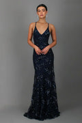 Women's Sequin Mermaid Maxi Dress - Deep V-Neck with Open Back Lace-Up and Fishtail Hem