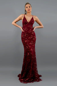 Women's Sequin Mermaid Maxi Dress - Deep V-Neck with Open Back Lace-Up and Fishtail Hem