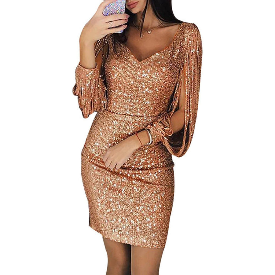 Sienna | Women's Sequin Tassel-Sleeve V-Neck Bodycon Cocktail Dress