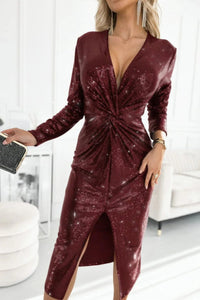 Sophie | Women's Sequin V-Neck Twisted-Front Midi Cocktail Dress