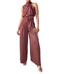 Women's Sleeveless Halterneck Top and Wide-Leg Pants Two-Piece Set with Tie Belt