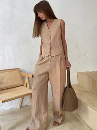 Amelia | Women's Sleeveless Linen Waistcoat Wide-Leg Trouser Set