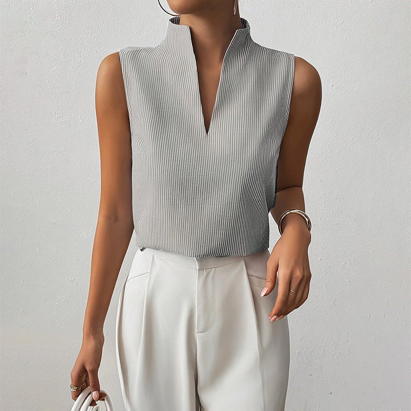 Phoebe | Women's Sleeveless Striped Stand-Collar V-Neck Blouse