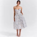 Amelia | Women's Strapless Satin Corset Midi Cocktail Dress Pleated Skirt