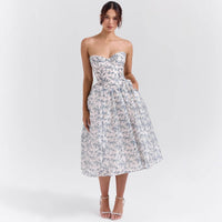 Amelia | Women's Strapless Satin Corset Midi Cocktail Dress Pleated Skirt