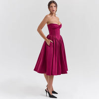 Amelia | Women's Strapless Satin Corset Midi Cocktail Dress Pleated Skirt