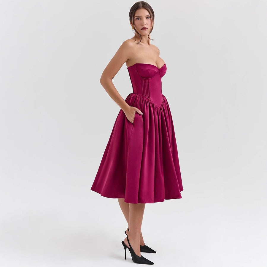 Amelia | Women's Strapless Satin Corset Midi Cocktail Dress Pleated Skirt