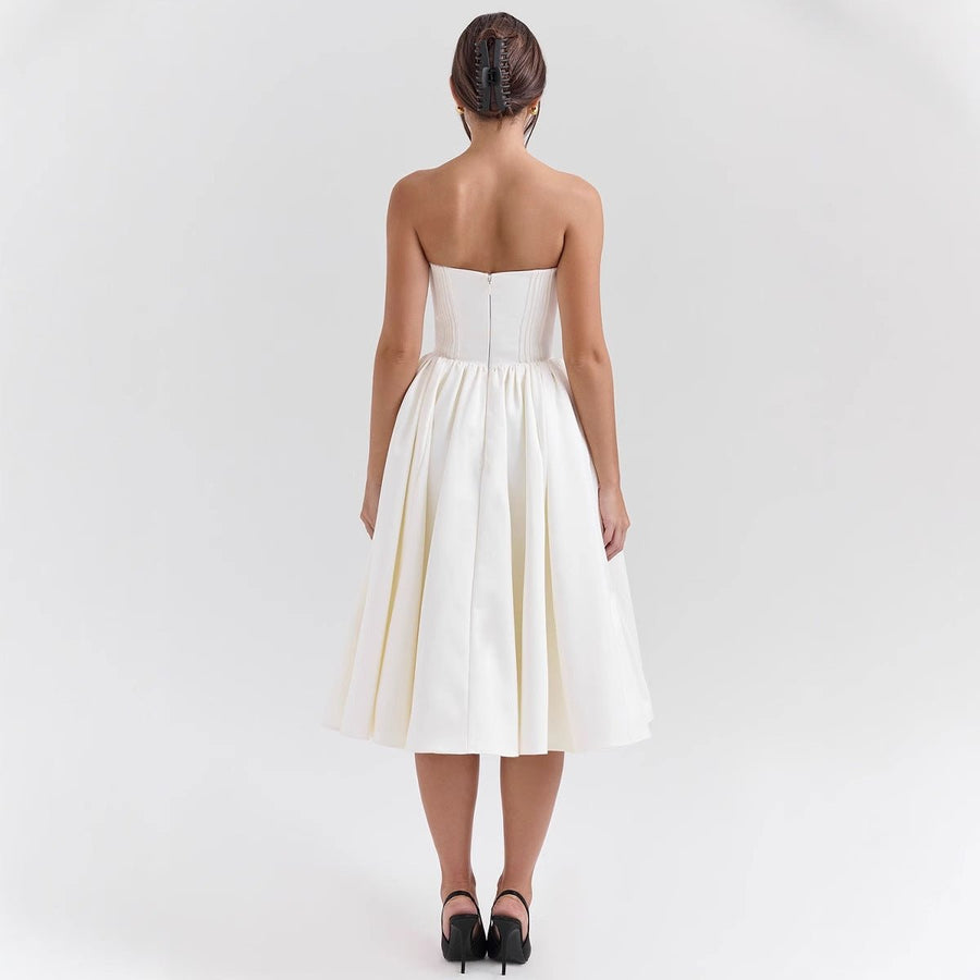 Amelia | Women's Strapless Satin Corset Midi Cocktail Dress Pleated Skirt