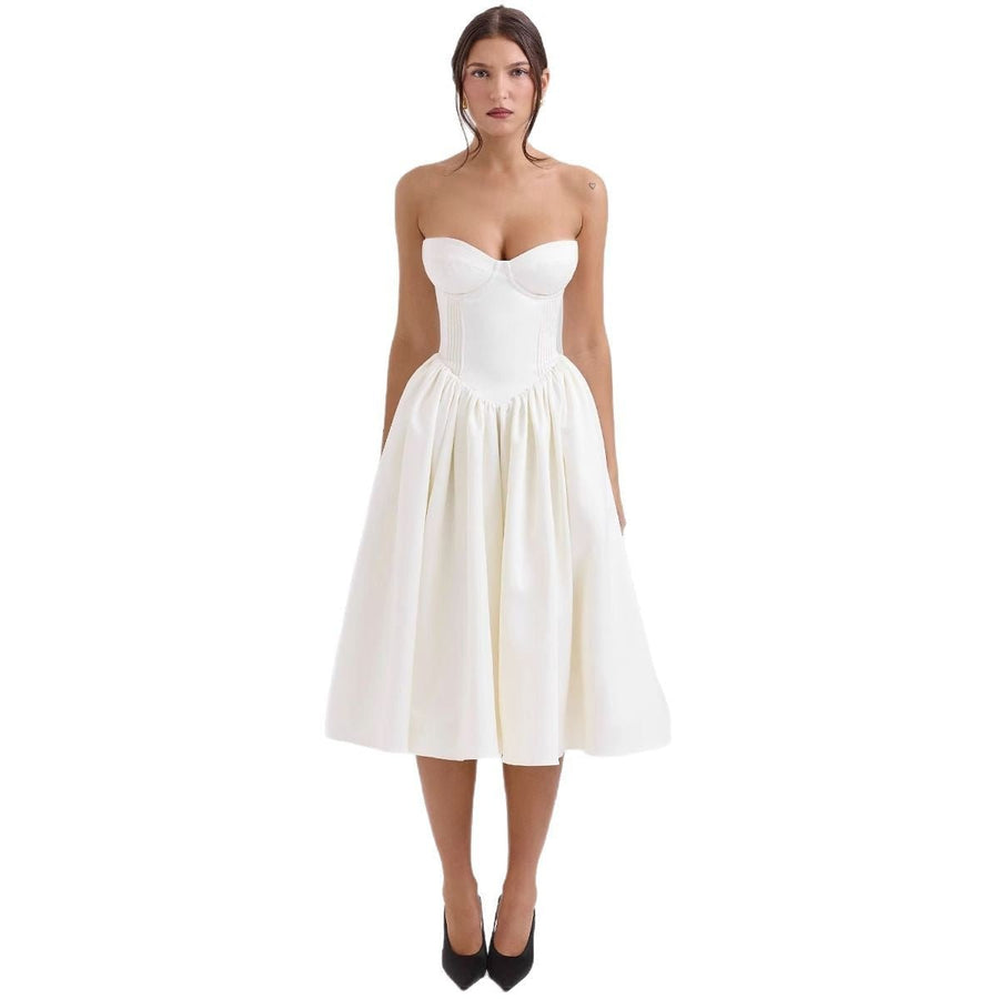 Amelia | Women's Strapless Satin Corset Midi Cocktail Dress Pleated Skirt