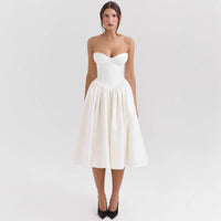 Amelia | Women's Strapless Satin Corset Midi Cocktail Dress Pleated Skirt